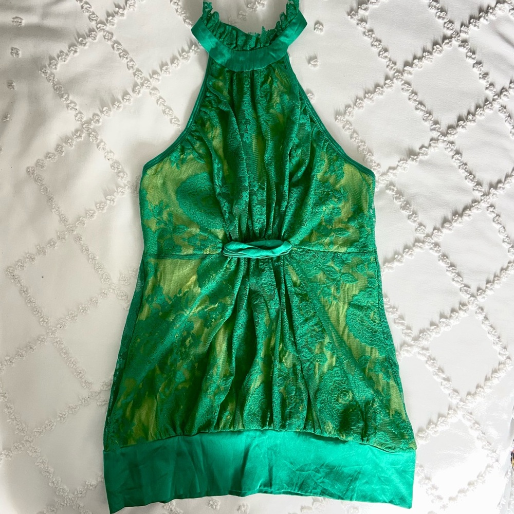 Y2K Bebe Lace Halter Top Green Silk 90s Slinky Rave Mermaid Vintage Party XXS